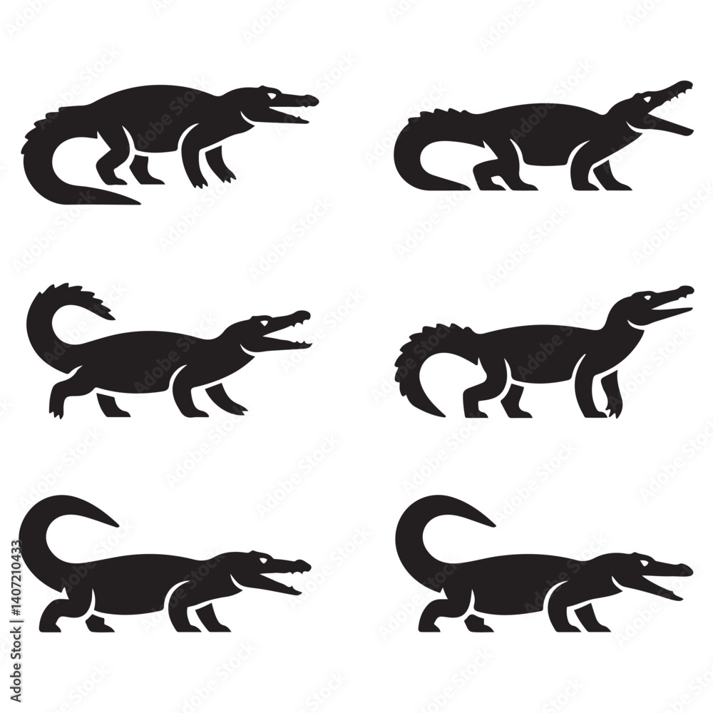 Naklejka premium Crocodile design on white background. Wild Animals. Reptile. Easy editable layered Vector Black silhouettes illustration.