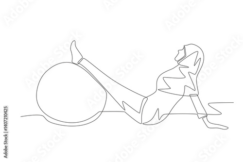 Muslim woman wearing hijab doing pilates. Hijabi pilates concept one-line drawing