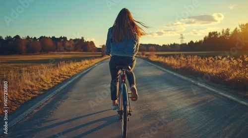 Obraz na płótnie Woman Riding Bicycle on Scenic Rural Road at Sunset w salonie