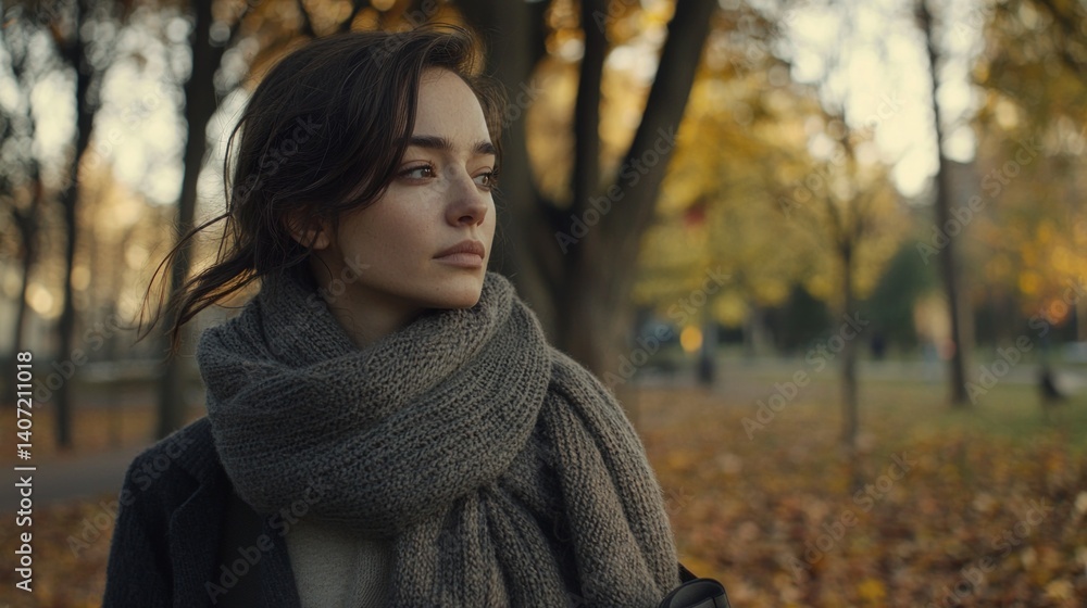 Thoughtful Young Woman in Wool Scarf Amid Autumn Park Scenery
