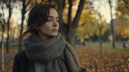Obraz na płótnie Thoughtful Young Woman in Wool Scarf Amid Autumn Park Scenery w salonie