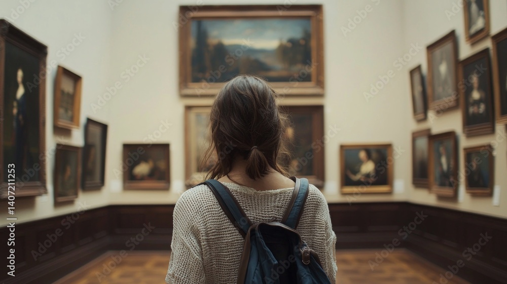 Young Woman Contemplating Art in Gallery Setting with Paintings