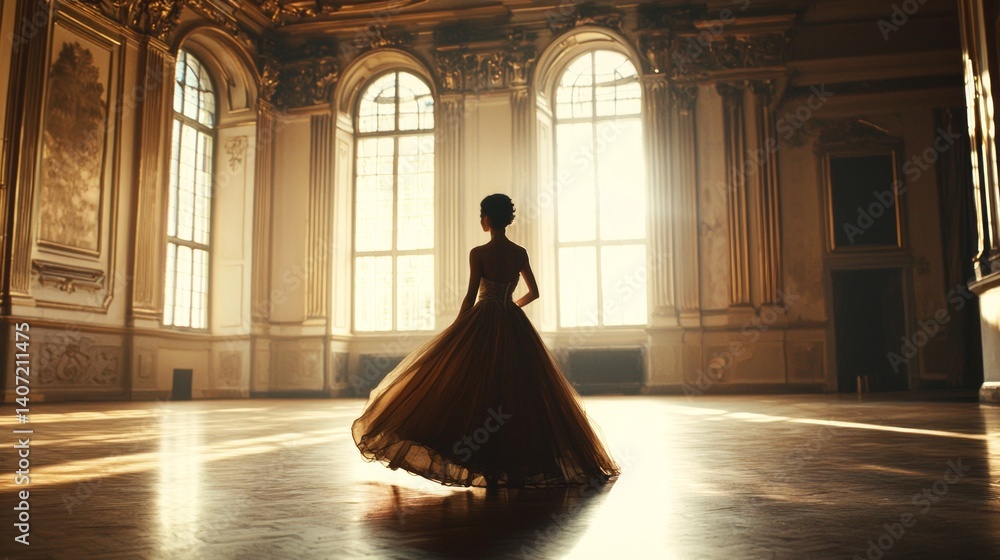 Romantic Scene in Elegant Ballroom with Silhouette in Dance Pose