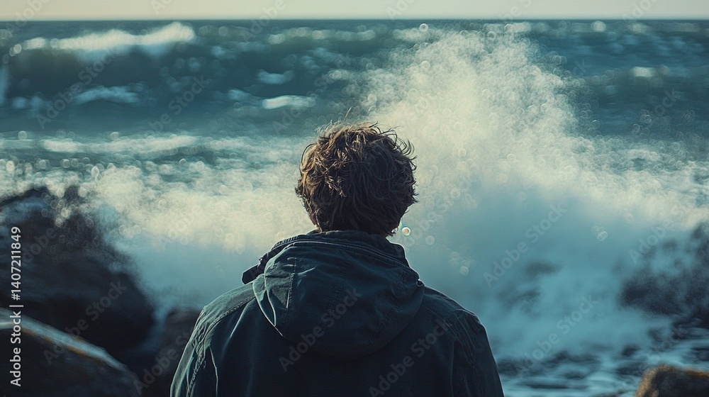 Romantic Scene by the Sea with Waves and Thoughtful Atmosphere