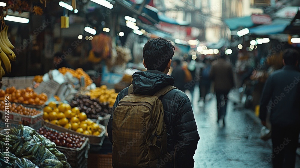 Romantic Scene in Bustling Market with a Man Walking Through Crowds