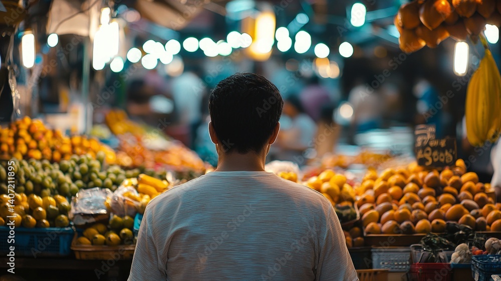 Romantic Market Scene with Warm Lights and Fresh Produce