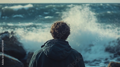 Obraz na płótnie Romantic Scene by the Sea with Waves and Thoughtful Atmosphere w salonie