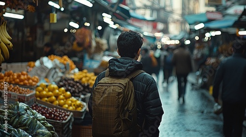 Obraz na płótnie Romantic Scene in Bustling Market with a Man Walking Through Crowds w salonie