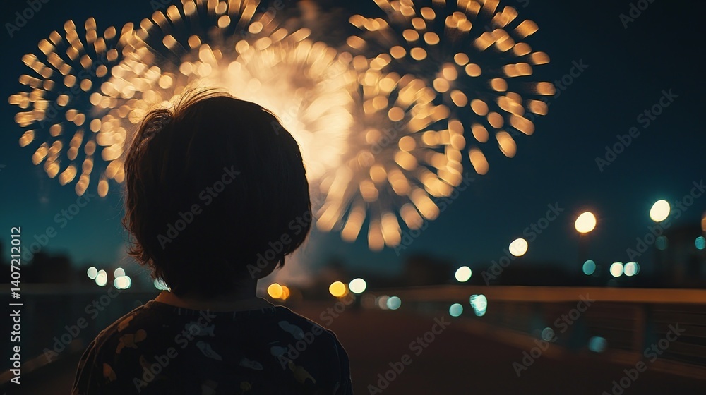 Child Watching Stunning Fireworks in Romantic Night Scene