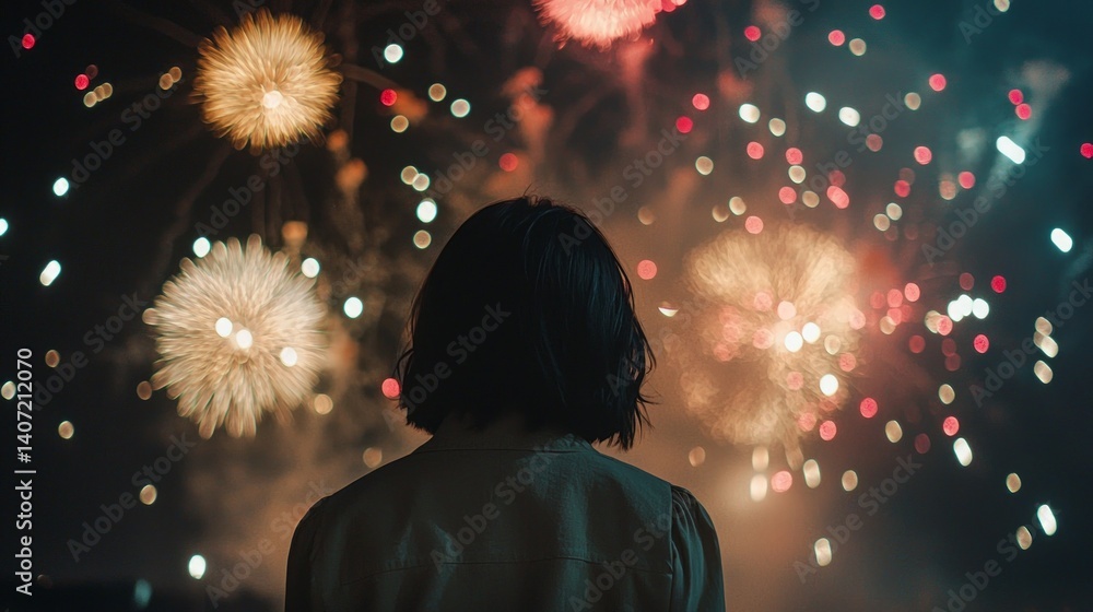 Romantic Night Scene with Fireworks and a Woman Gazing in Awe