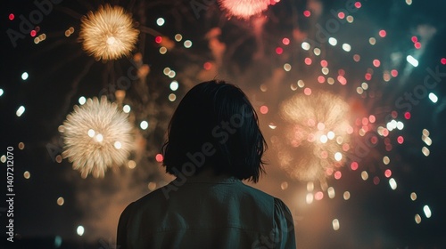 Obraz na płótnie Romantic Night Scene with Fireworks and a Woman Gazing in Awe w salonie