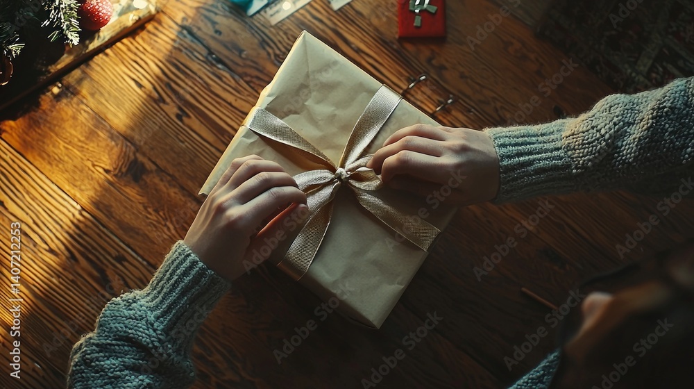 Romantic Gift Wrapping Scene with Cozy Atmosphere and Warm Light