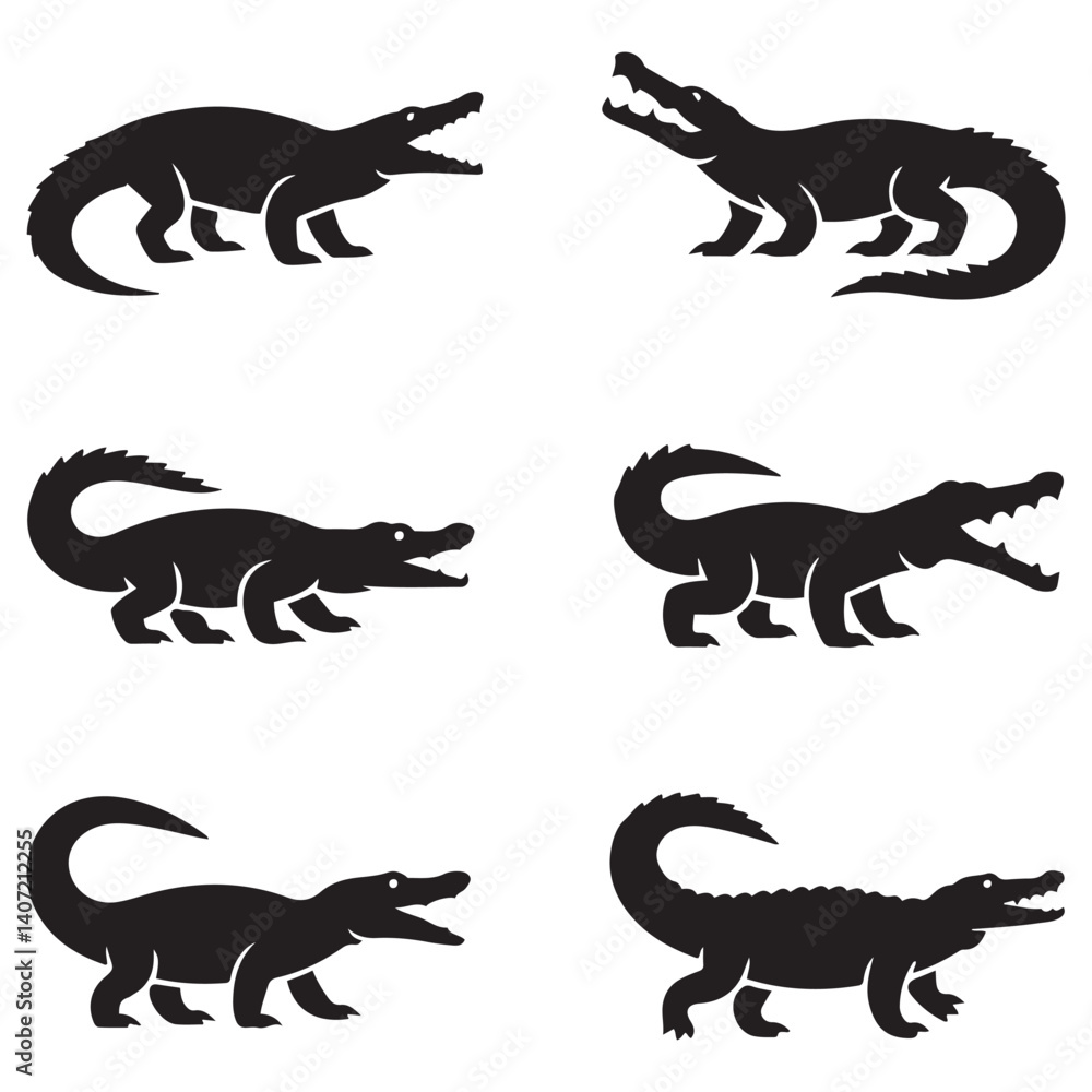 Naklejka premium Crocodile design on white background. Wild Animals. Reptile. Easy editable layered Vector Black silhouettes illustration.