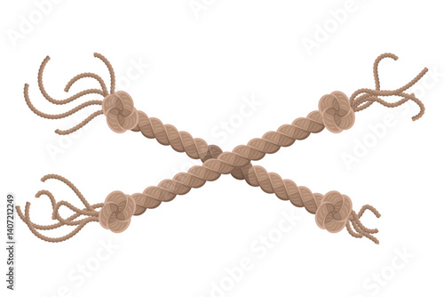 Hanging rope with tassel and node. Knitted nautical thread or marine vertical fiber. Textile tassel hang at rope isolated on white background. Vector illustration