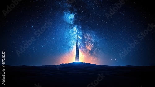 A towering skyscraper pierces a night sky filled with a vibrant galaxy.