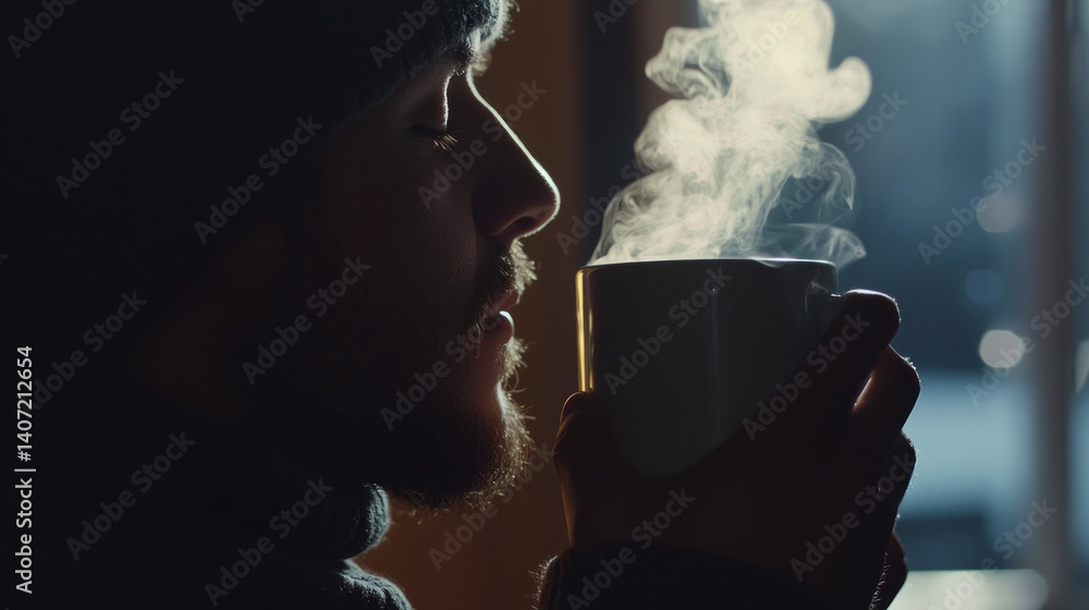Serene Moment of Reflection with Hot Beverage in Cozy Atmosphere