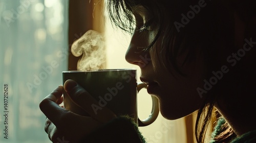 Obraz na płótnie Intimate Moment with a Warm Beverage in a Cozy Setting w salonie