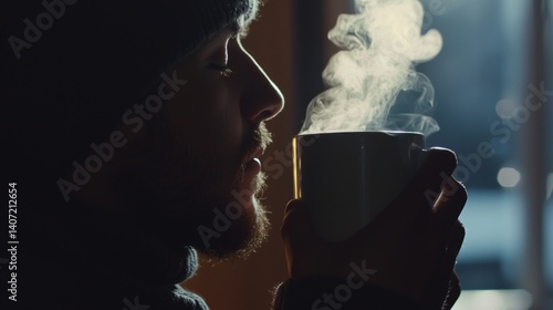Obraz na płótnie Serene Moment of Reflection with Hot Beverage in Cozy Atmosphere w salonie
