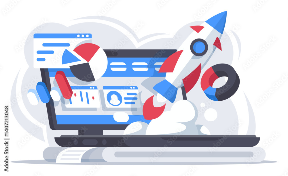 Successful start up, starting new business project. Starting launch, entrepreneurial concept. Rocketship on computer for startup media. Vector cartoon illustration