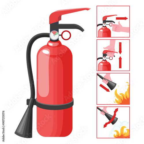 Fire extinguisher instruction. Fire prevention and extinguishing tips. Safety Information, poster or banner for website. Cartoon flat vector illustrations isolated on blue background