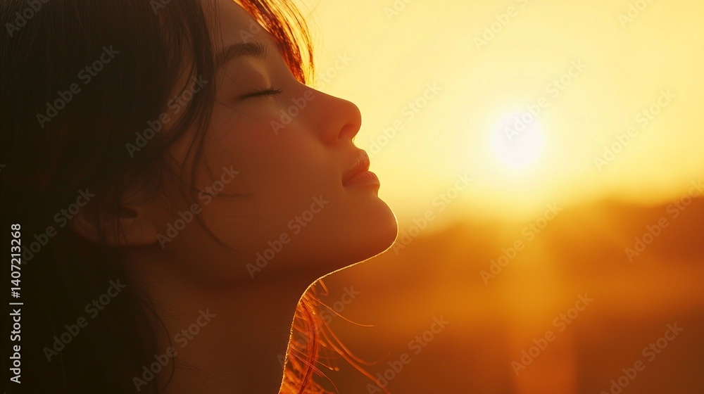 Serene Woman Enjoying Sunset in Romantic Scene of Bliss