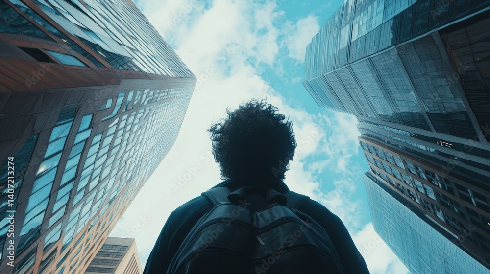 Dramatic Urban Scene with Person Gazing at Sky Between Tall Buildings