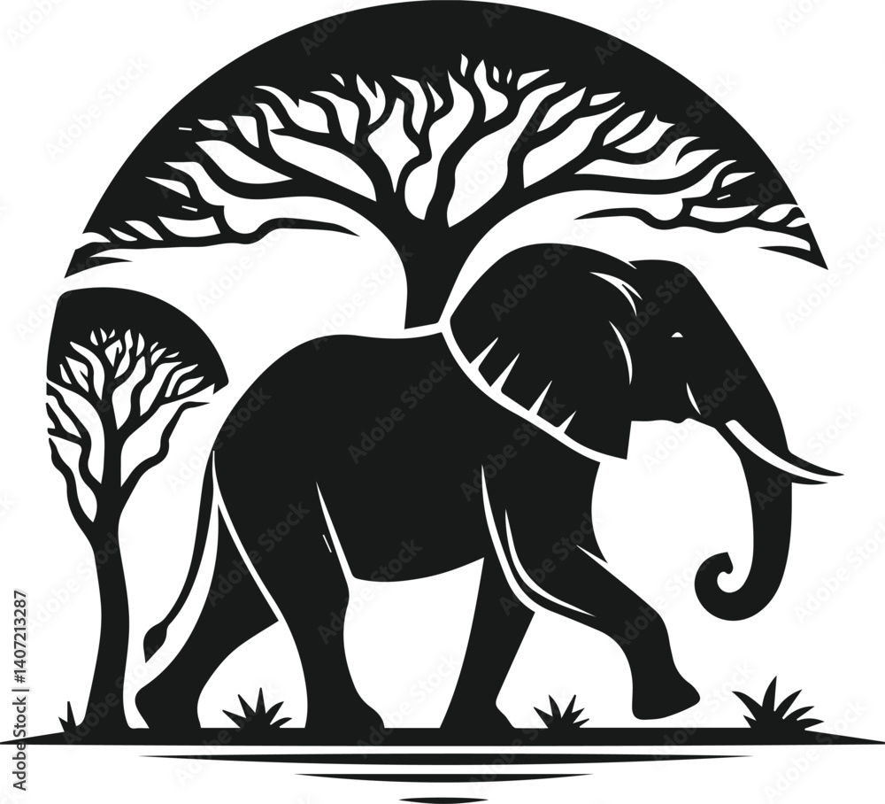 Obraz premium Elephant with tree vector animal silhouette