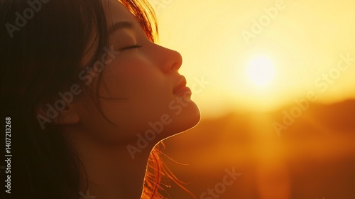 Obraz na płótnie Serene Woman Enjoying Sunset in Romantic Scene of Bliss w salonie