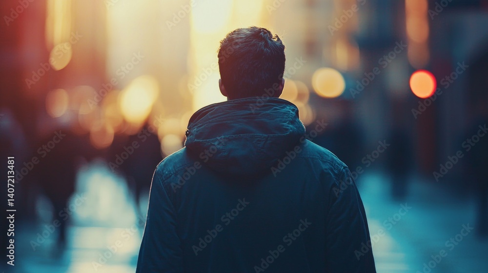 Romantic Scene of a Person in a City at Sunset Glow