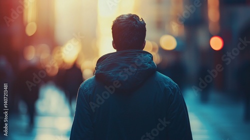 Romantic Scene of a Person in a City at Sunset Glow