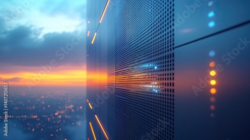 A modern data center facade at sunset, reflecting city lights and vibrant colors.