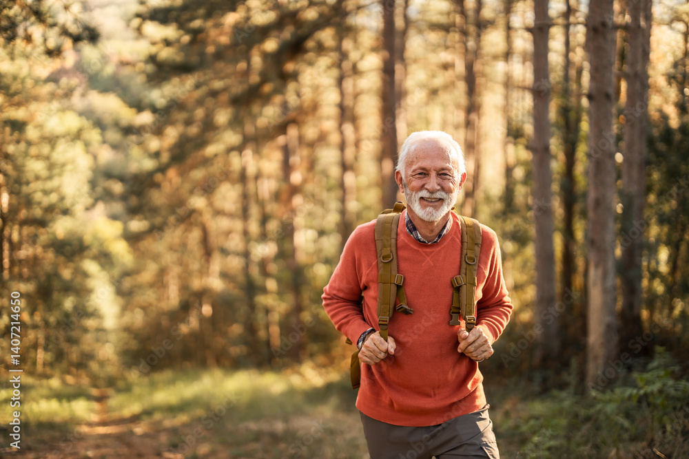 Obraz premium Senior Man Hiking in a Tranquil Forest Setting During a Sunny Day