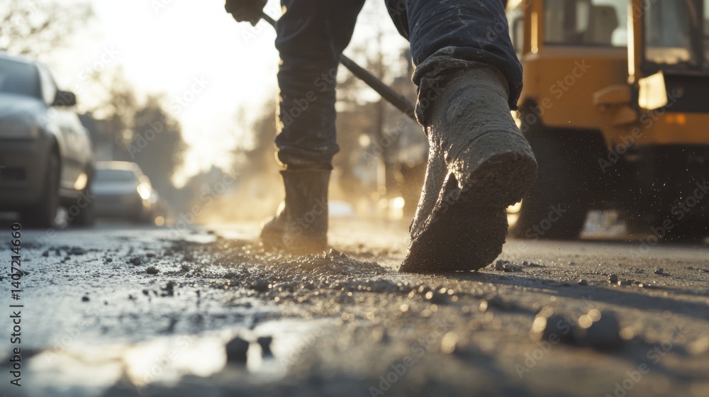 Concrete worker finishing the surface of a sidewalk. Featuring skill and focus Concrete worker finishing the surface of a sidewalk. Featuring skill and focus