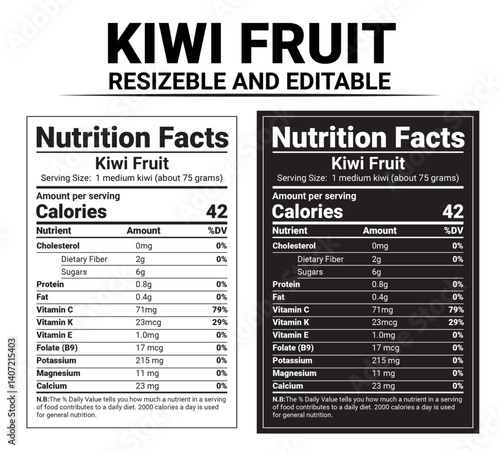 Kiwi fruit nutrition facts label, editable and resizable vector design in black and white, kiwi fruit nutrition chart, kiwi nutrition facts vector, fruit nutrition label template