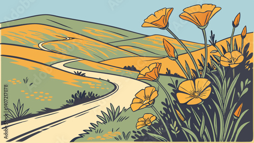 California poppies with a winding road – California