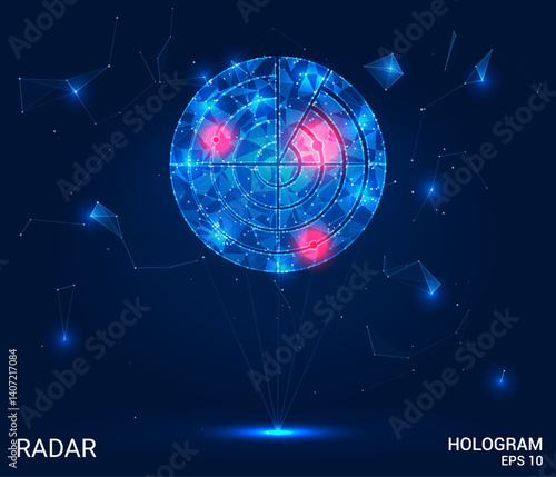 Radar hologram. Radar is made of polygons, triangles, dots, and lines. Radar is a low-poly compound structure. Technology concept vector.