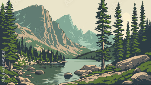 Rocky mountain lakeside view with pines – Colorado

