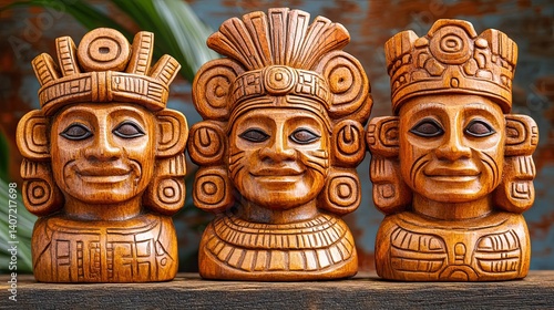 Three intricately carved wooden busts of pre-columbian figures.
