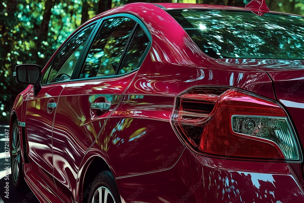 Glossy Red Sedan Amidst Lush Greenery Captured Under Natural Lighting Glossy Red Sedan Amidst Lush Greenery Captured Under Natural Lighting