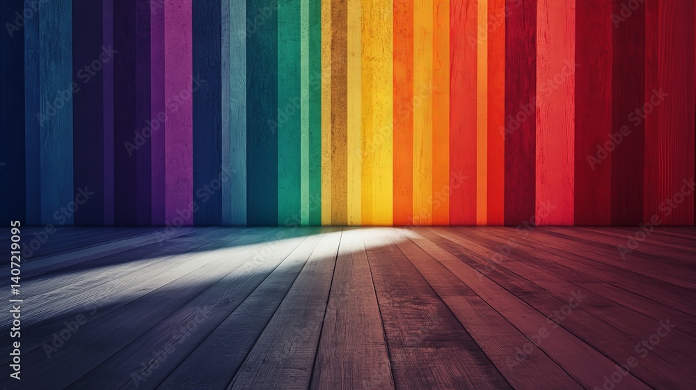 A vibrant rainbow wall with wooden floor creating a colorful and inviting interior space design view A vibrant rainbow wall with wooden floor creating a colorful and inviting interior space design view