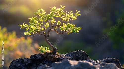 A withered tree growing new green leaves, symbolizing financial recovery and growth, in a sunny landscape. 