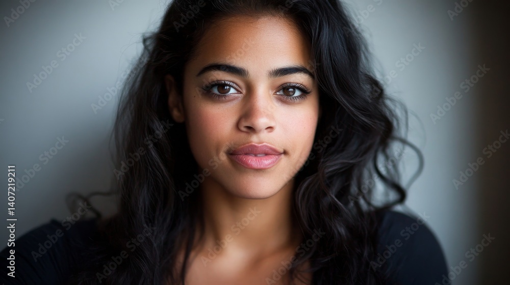 Obraz premium A vibrant young woman showcases her glowing skin and soft curls against a neutral background, exuding freshness and natural beauty, with ample space for text