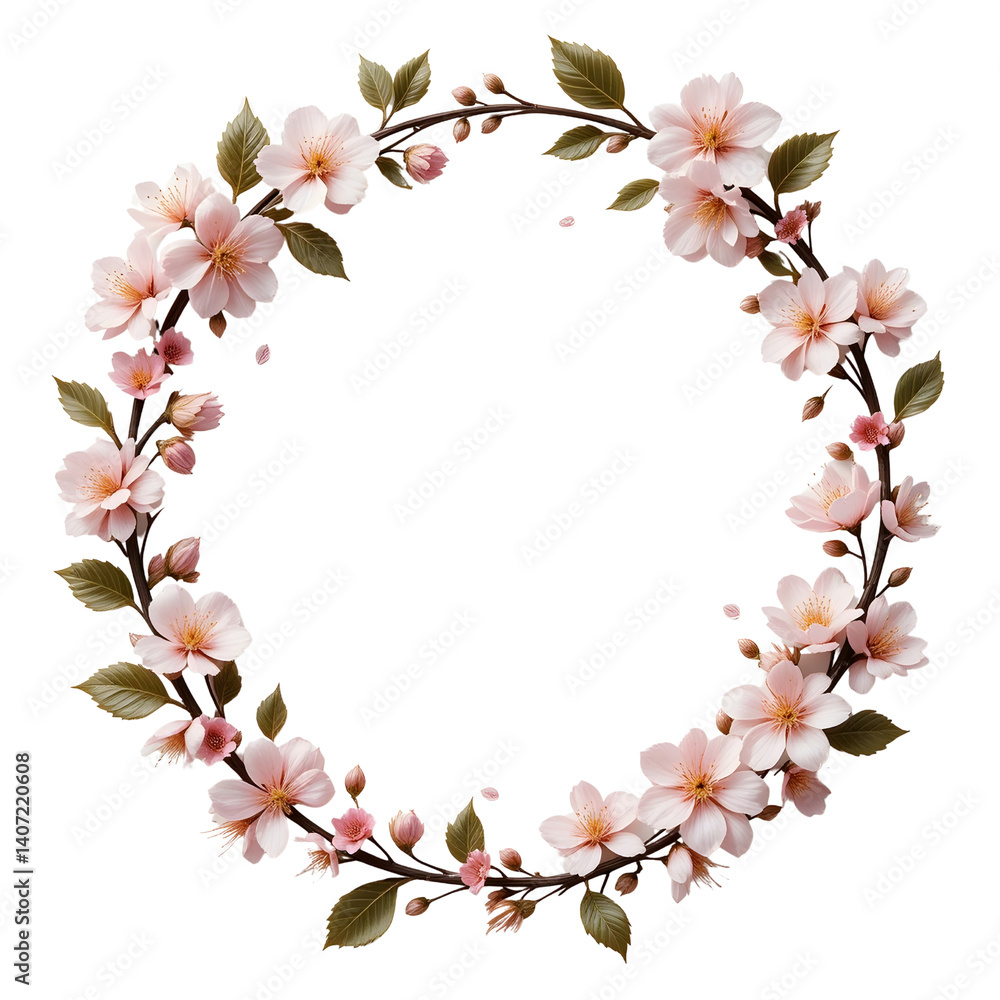 Naklejka premium Pink Cherry Blossoms and Leafy Twig – Transparent PNG for Floral Compositions