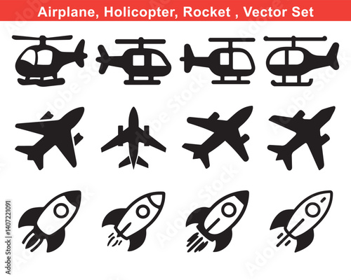 Travel and Transport Icons Set with Airplane, holicopter, rocket and Aviation Symbols with silhouette vector