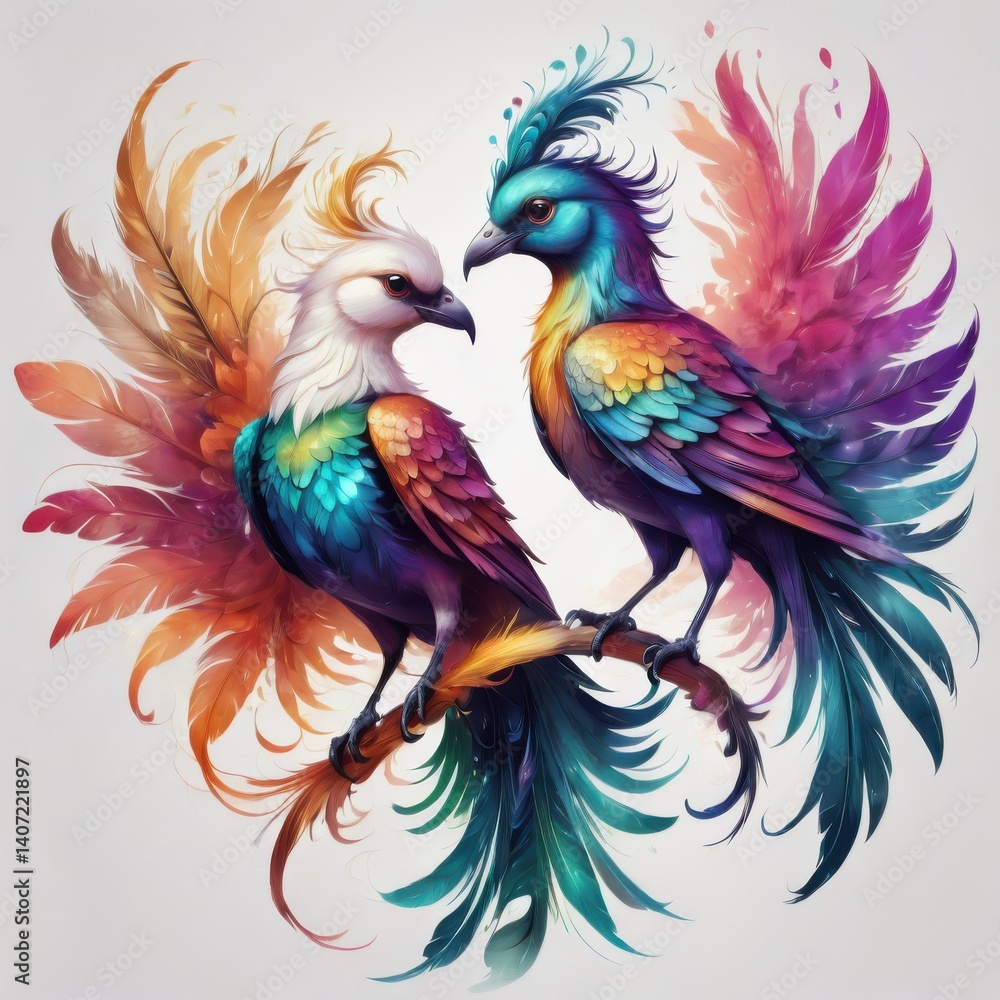 Naklejka premium Two Vibrant Rainbow Birds Perched on Branch Colorful Feathers Fantasy Art