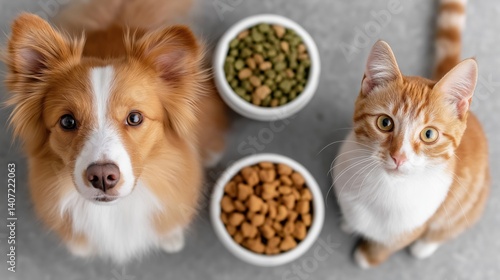 A dog and a cat look up at the camera, surrounded by bowls of pet food, showcasing their companionship and readiness for mealtime.