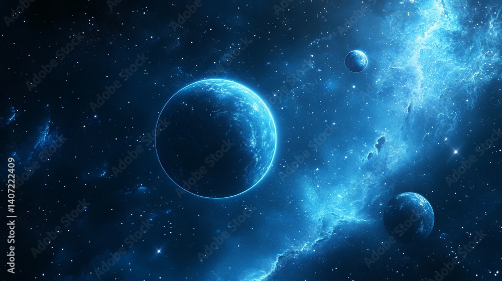 Fototapeta premium Blue cosmic backdrop featuring multiple planets
