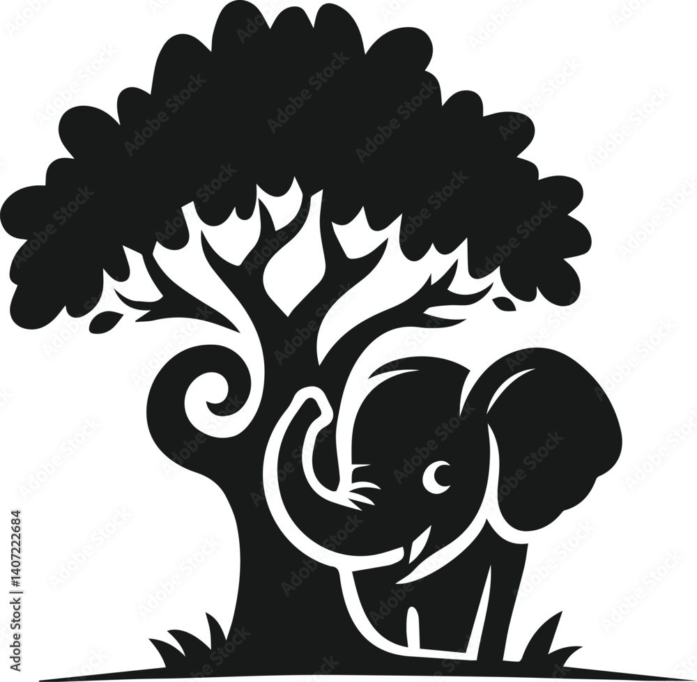 Fototapeta premium Elephant with tree vector animal silhouette