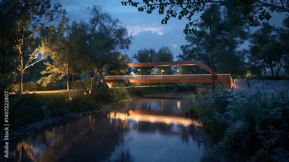 Obraz premium Modern pedestrian bridge illuminated at twilight over a calm river surrounded by lush trees reflecting in the water