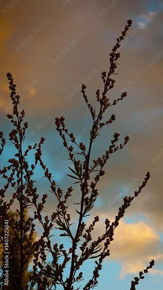 Wild rose hips silhouetted against misty sky. Branches with tiny fruits reaching towards cloudy background, vertical orientation. Delicate rose hips creating contrast against soft hues of the sky Wild rose hips silhouetted against misty sky. Branches with tiny fruits reaching towards cloudy background, vertical orientation. Delicate rose hips creating contrast against soft hues of the sky